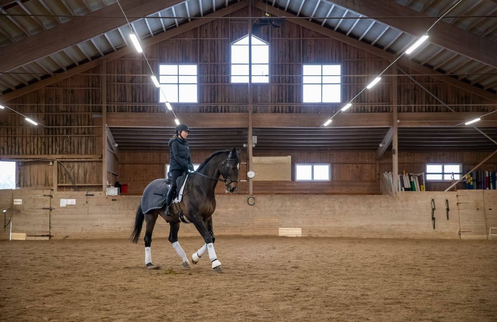 Dressage training in a wooden indoor arena